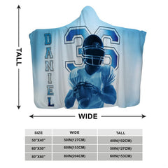 Sports bedding set overhead angle showcasing football player artwork and ice blue palette.