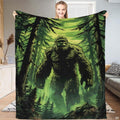 Bigfoot Sasquatch walking through misty evergreen pine forest, view 1.