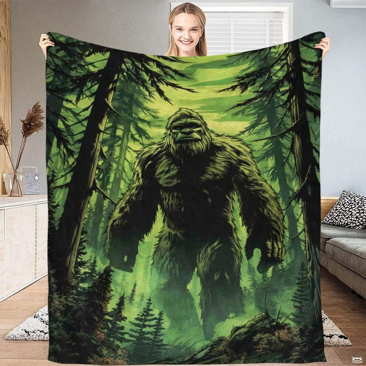 Bigfoot Sasquatch walking through misty evergreen pine forest, view 1.