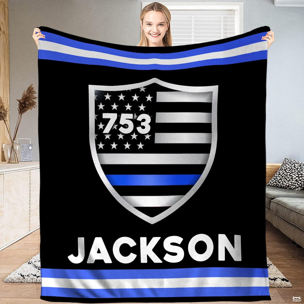 Thin Blue Line American flag shield emblem blanket held upright
