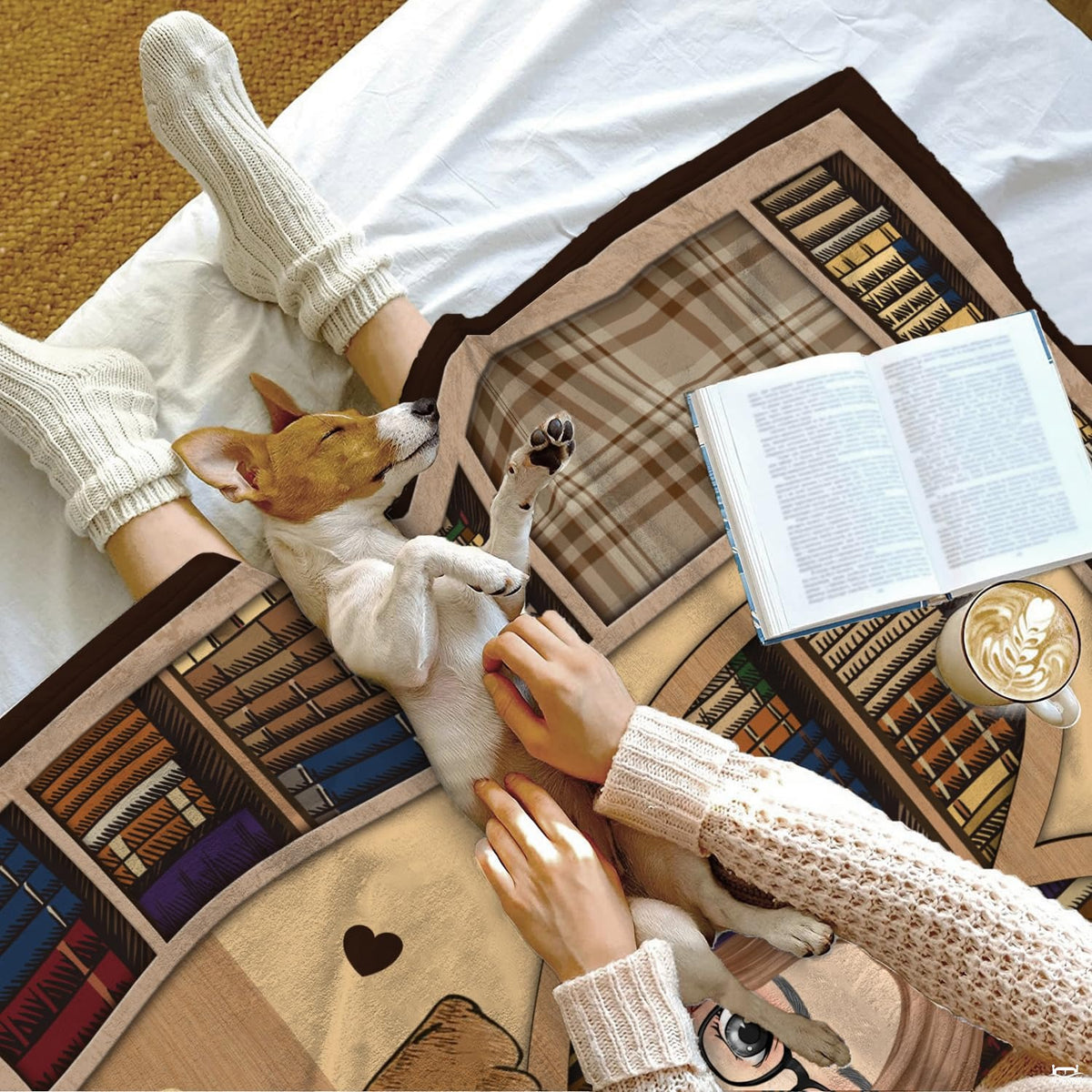 Neatly folded presentation of heart bookcase throw blanket showing literary graphics.