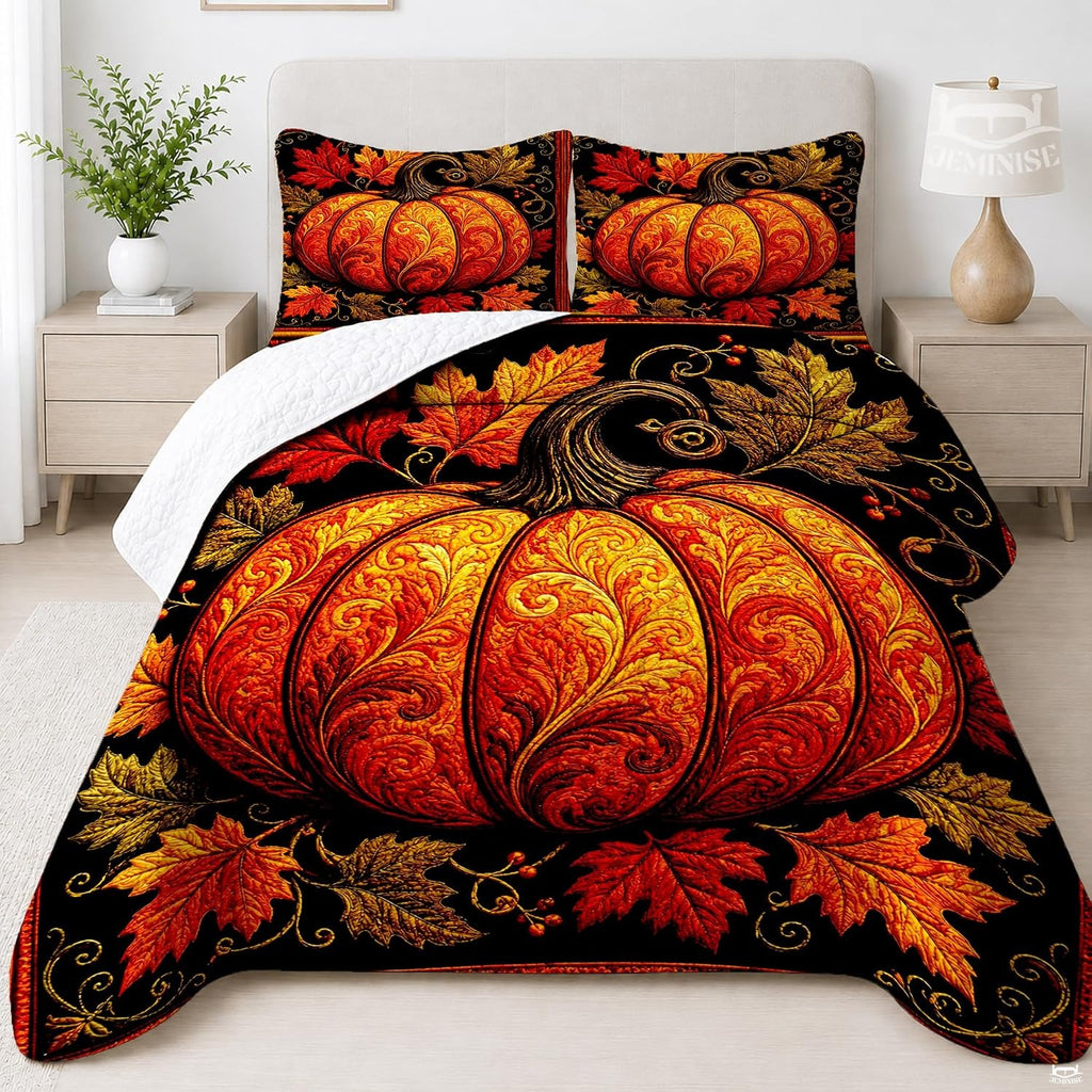 Carved filigree harvest pumpkin autumn bedding set featuring an ornate glowing pumpkin and scarlet maple leaves