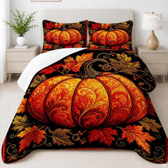 Carved filigree harvest pumpkin autumn bedding set featuring an ornate glowing pumpkin and scarlet maple leaves
