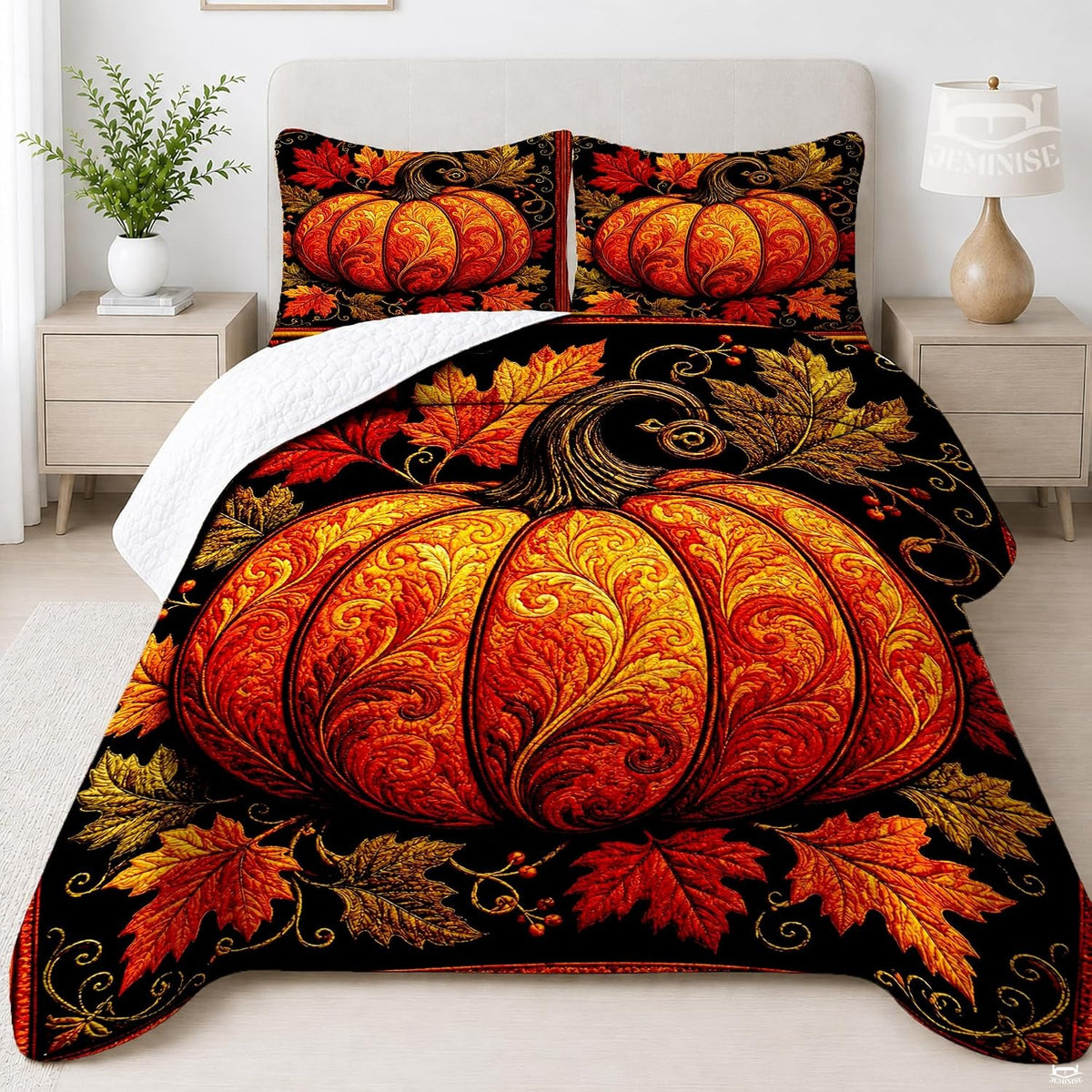 Carved filigree harvest pumpkin autumn bedding set featuring an ornate glowing pumpkin and scarlet maple leaves