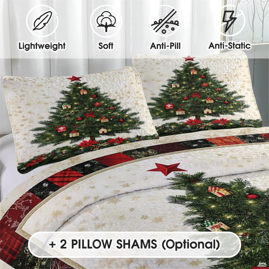 Festive holiday bedding set arranged in a thematic accent bedroom showcasing evergreen artwork and red bauble decorations.