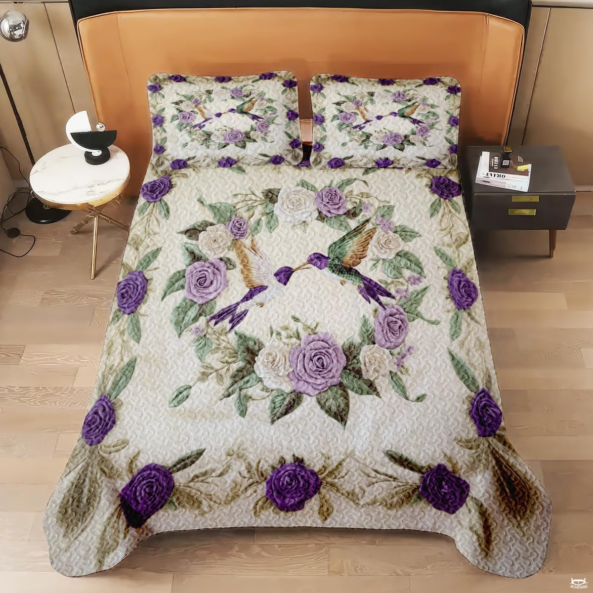Hummingbird wreath bedding shown on a modern bed