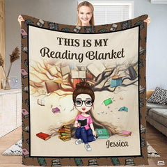 Personalized Cartoon Girl Reading in Front of Book Tree Throw Blanket