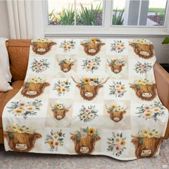 Repeating grid pattern of Highland cows in flower crowns and botanical bouquets on gingham, view 4.