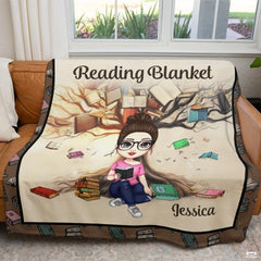 Personalized Cartoon Girl Reading in Front of Book Tree Throw Blanket