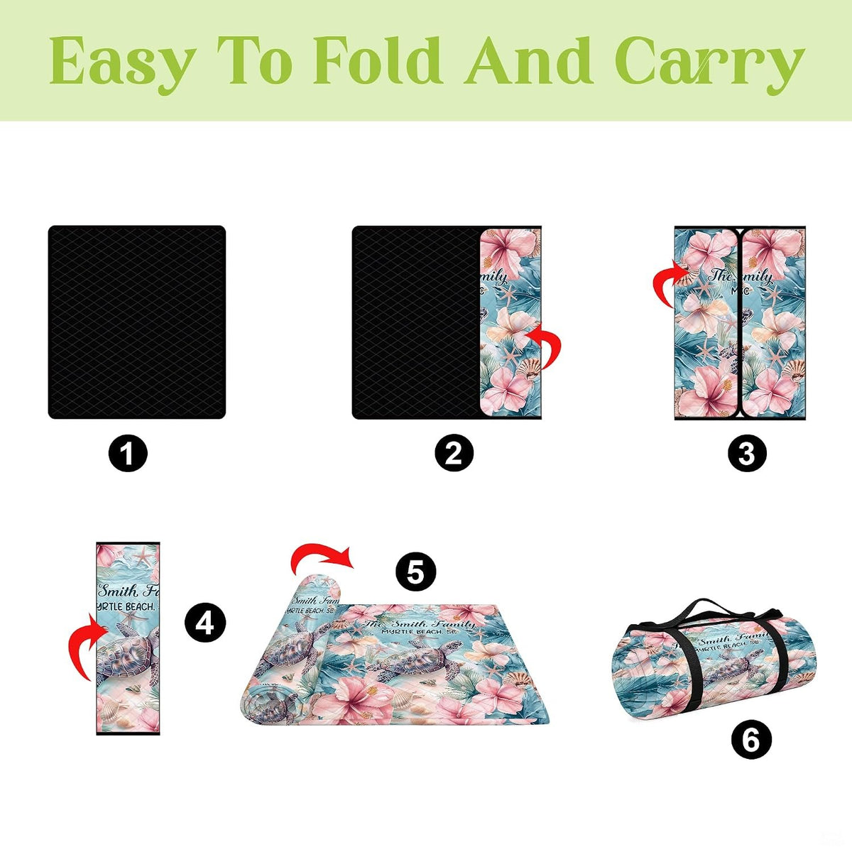 Matching tropical sea turtle duffle bag and rolled beach blanket on sandy beach