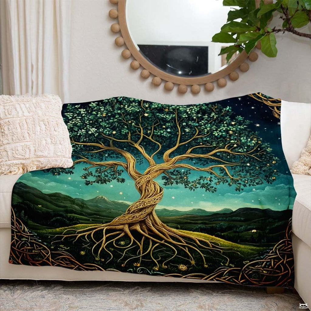 Celtic tree of life Yggdrasil knotwork fantasy blanket showing artwork view 6