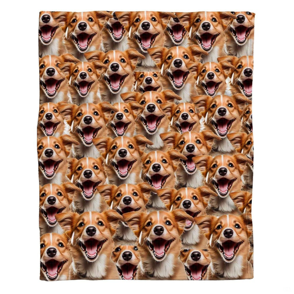 Bedroom setup showcasing a joyful puppy collage bedding set styled neatly with matching accent pillows.