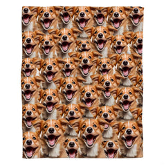Bedroom setup showcasing a joyful puppy collage bedding set styled neatly with matching accent pillows.
