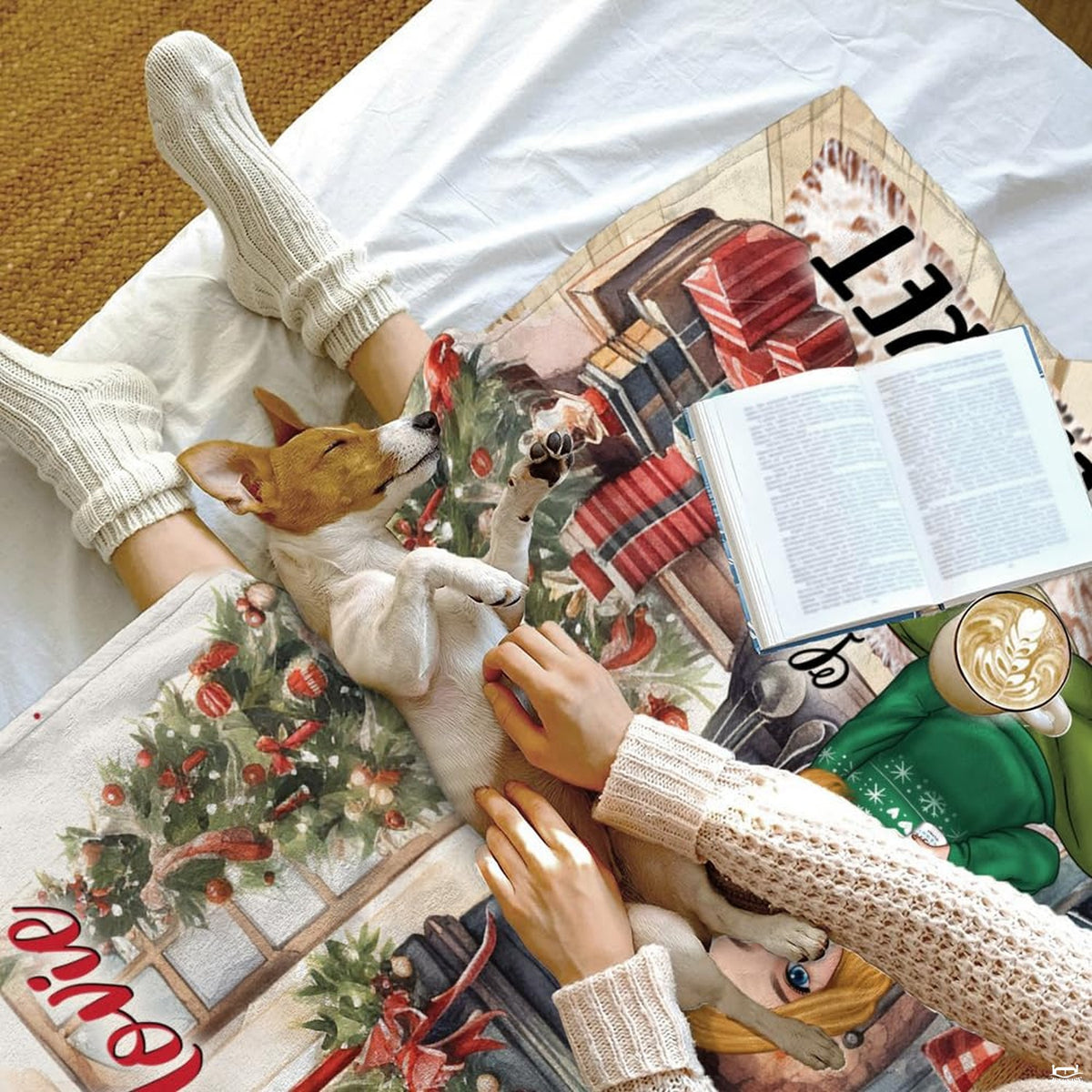 Cozy bed setting featuring puppy napping beside folded watercolor Christmas hearth throw blanket.