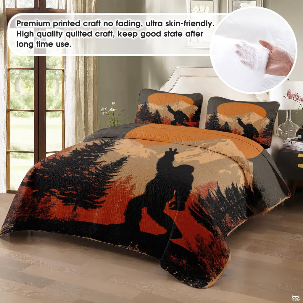 Close-up view of Bigfoot bedding showcasing golden amber sunset sky, pine trees, and Sasquatch silhouette