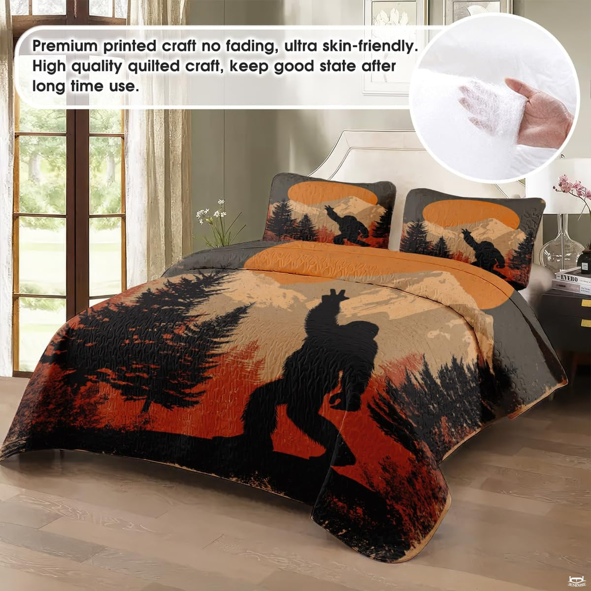 Close-up view of Bigfoot bedding showcasing golden amber sunset sky, pine trees, and Sasquatch silhouette