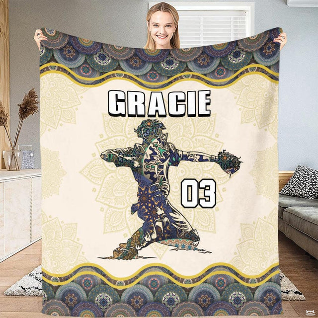 Close up macro view of softball catcher throw blanket highlighting fabric texture and ornate mosaic lines
