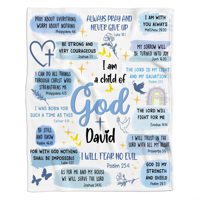 Full graphic layout featuring blue watercolor brushstrokes, doves, butterflies, and rainbow