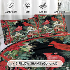 Christmas Cardinals Near Snowy Birdhouse Patchwork Floral Quilt