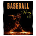Fiery baseball batter throw blanket featuring glowing wireframe hitter swing on burning field