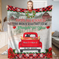 Christmas red truck bedding set displaying vintage pickup in snowy landscape with wreath and evergreens.