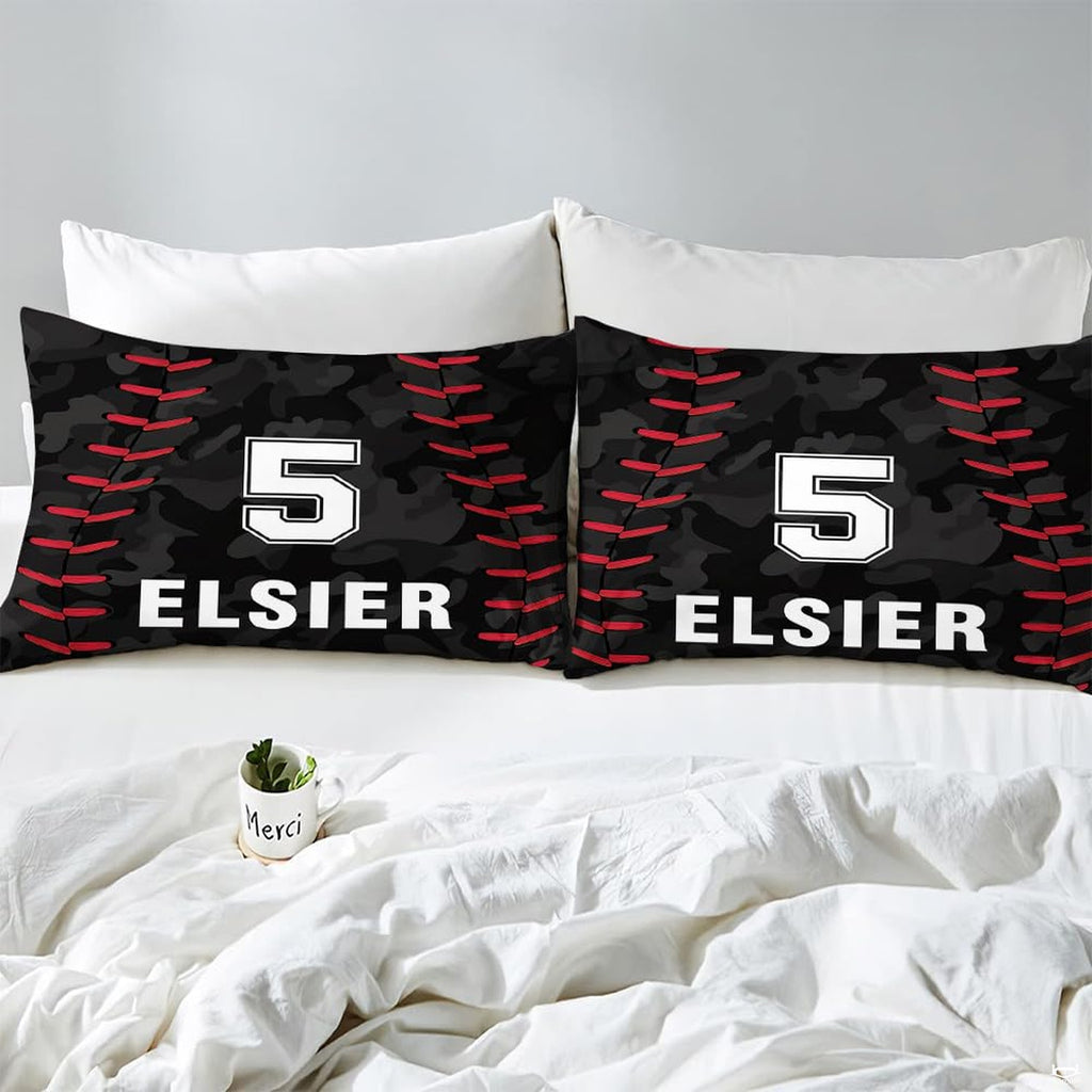 Side angle view of athletic sports bedding showing vivid red and midnight black tones draped on mattress