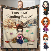 Personalized Cartoon Girl Reading in Front of Book Tree Throw Blanket