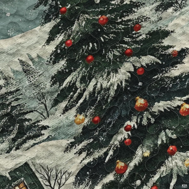 Scenic holiday countryside illustration with red cottages and snow covered hills on bedroom bedding.