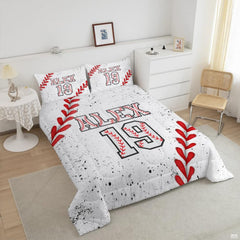 Close-up of bold varsity numerals and chevron details on sports theme bedding.