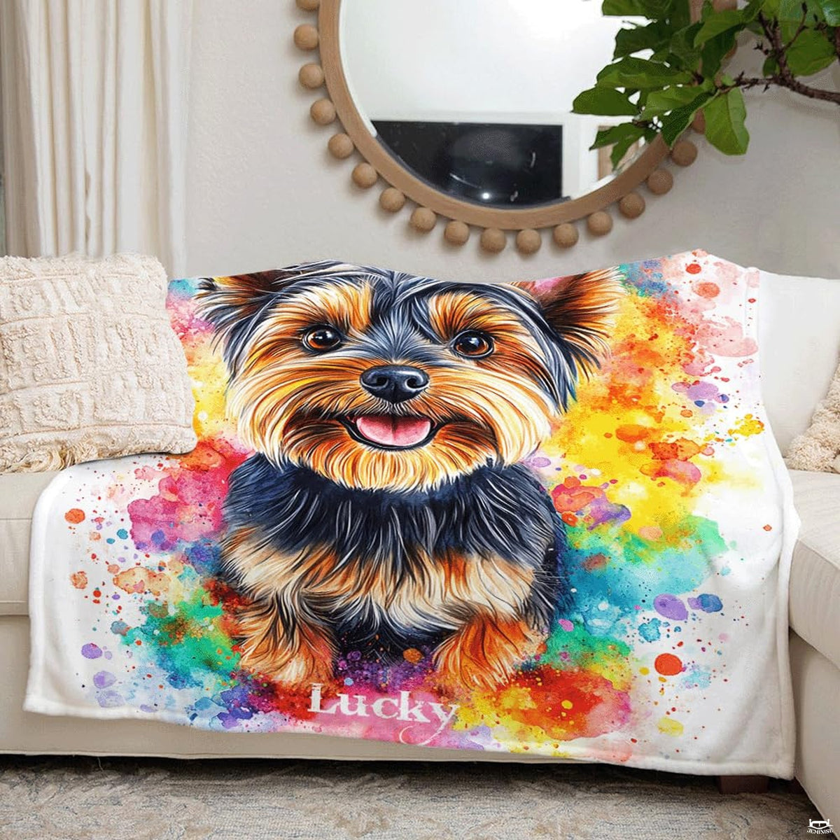 Detail view of finely textured tan and black fur artwork on bright pet lover bedding decor.