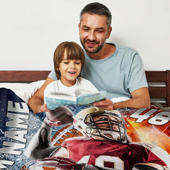 Quarterback passing throw blanket view 6 highlighting athletic passer, split fire and ice waves, and sports graphics