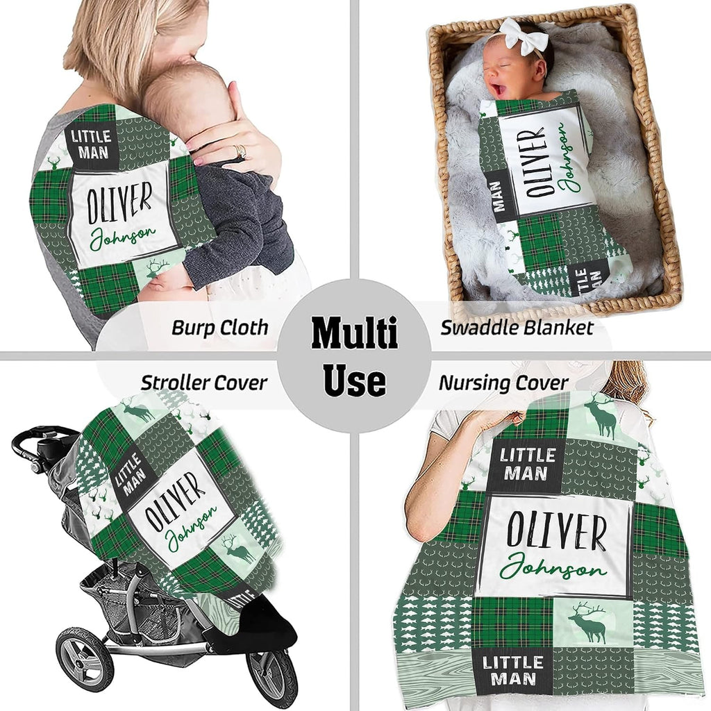 Baby peacefully resting wrapped in green rustic woodland patchwork nursery blanket
