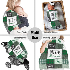 Baby peacefully resting wrapped in green rustic woodland patchwork nursery blanket