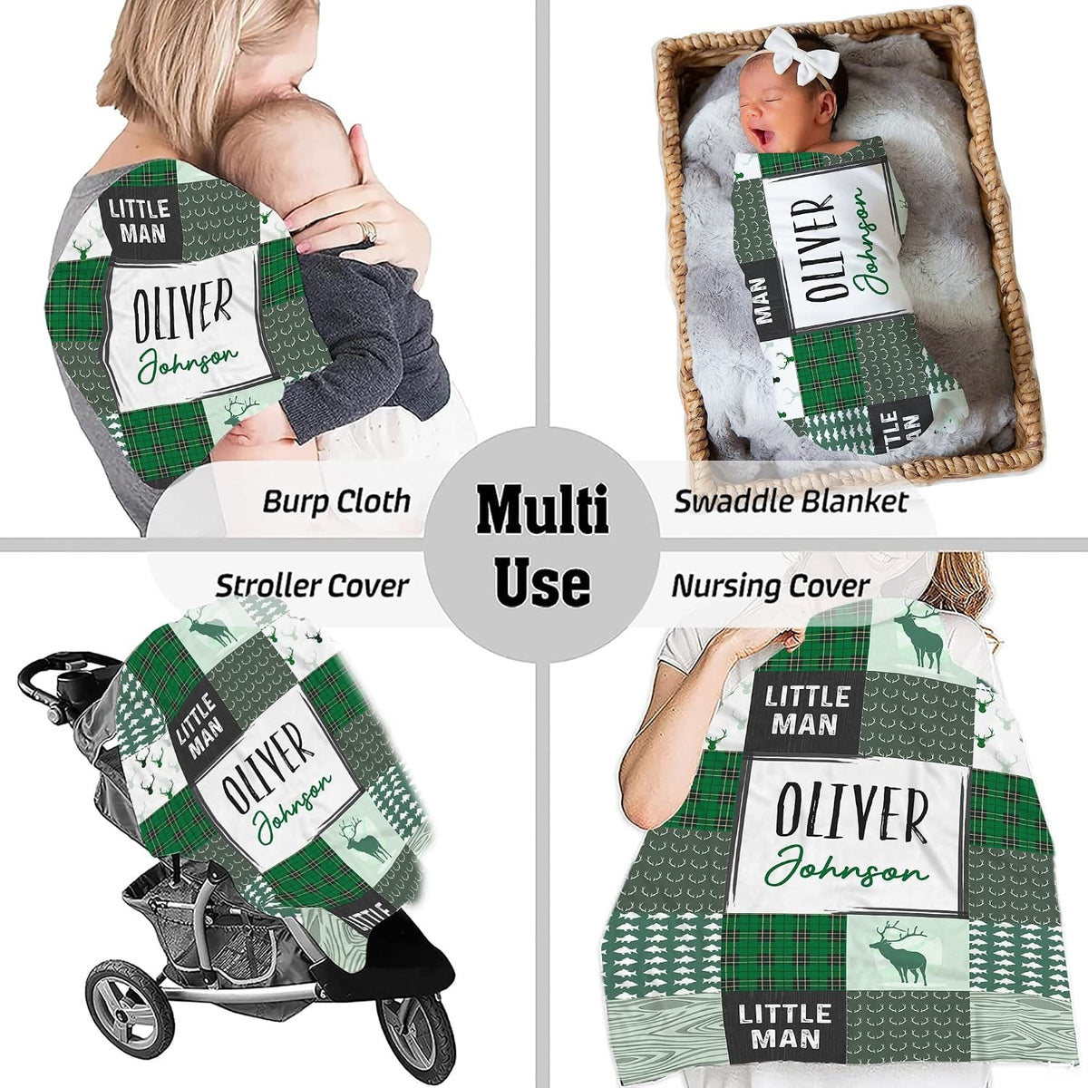 Baby peacefully resting wrapped in green rustic woodland patchwork nursery blanket