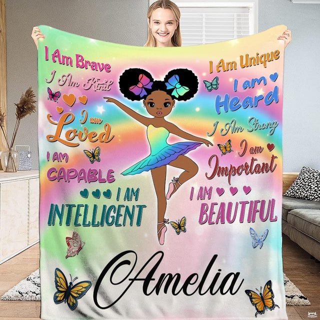 Ballerina girls bedding featuring a young dancer in a rainbow pastel tutu with butterflies and hearts.
