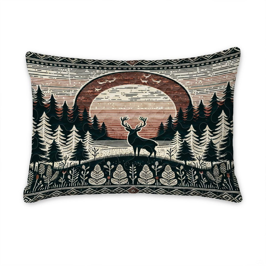 Intricate geometric tribal diamond border and botanical fern motifs printed across rustic bedding.
