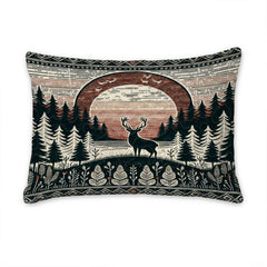 Intricate geometric tribal diamond border and botanical fern motifs printed across rustic bedding.