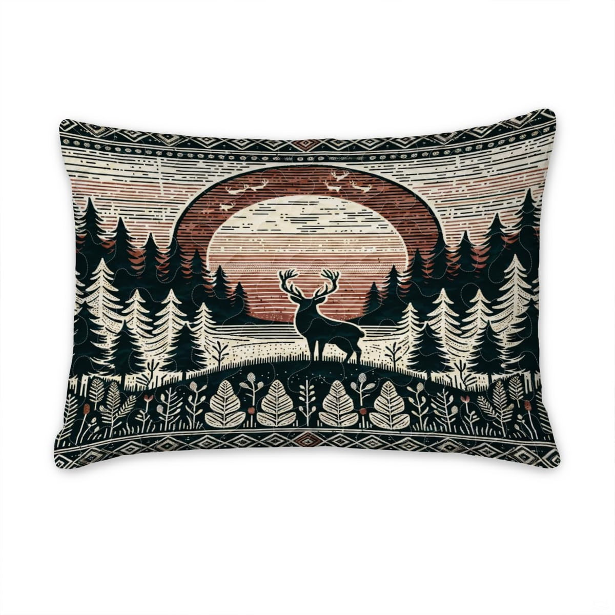 Intricate geometric tribal diamond border and botanical fern motifs printed across rustic bedding.