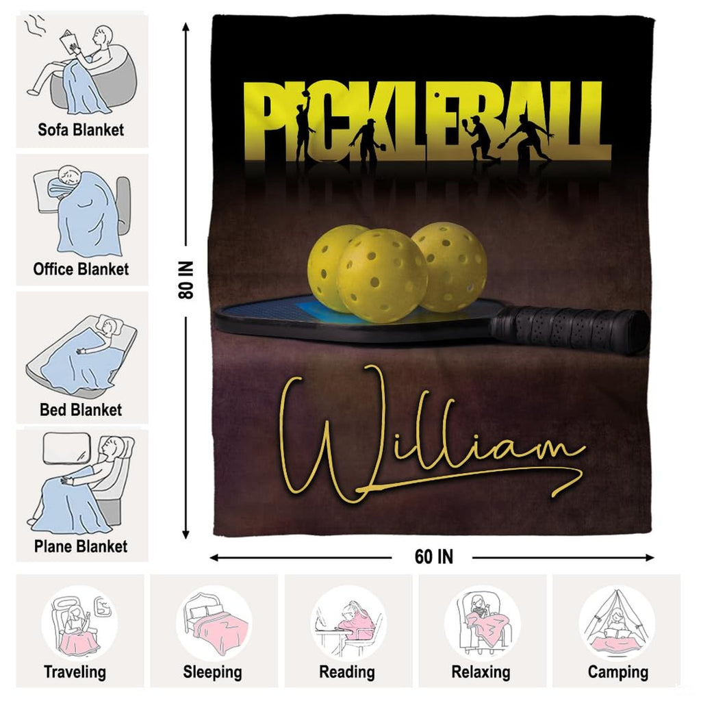 Retro pickleball paddle ball throw blanket view 4 highlighting paddle graphics and sports room decor