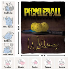 Retro pickleball paddle ball throw blanket view 4 highlighting paddle graphics and sports room decor