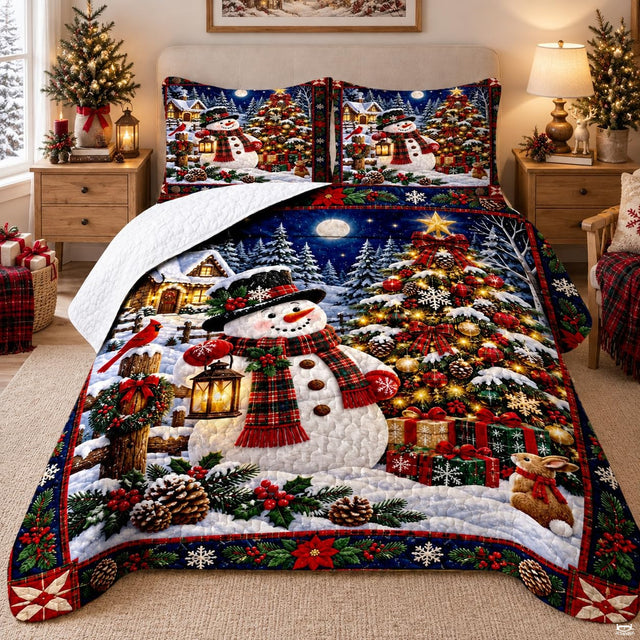 Christmas snowman bedding set showcasing smiling snowman with lantern and illuminated evergreen tree.