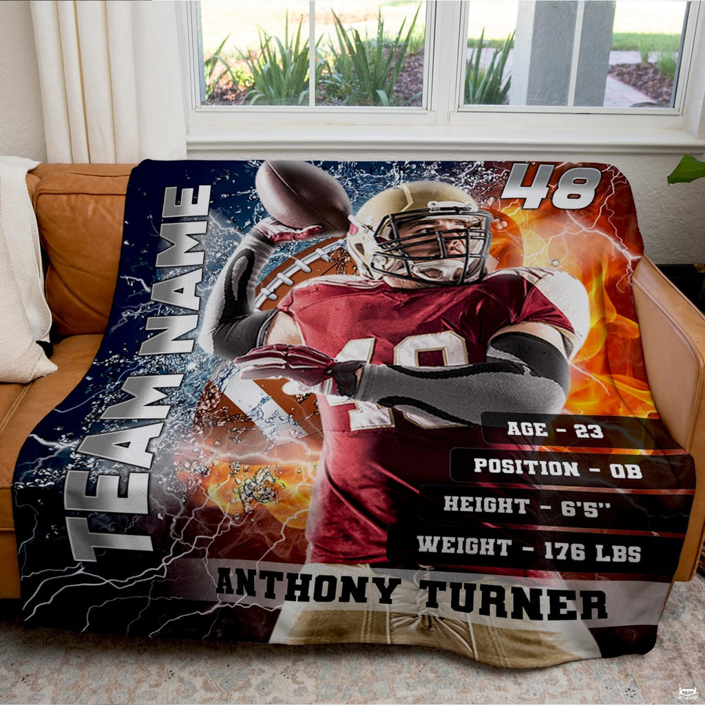Quarterback passing throw blanket view 4 highlighting athletic passer, split fire and ice waves, and sports graphics