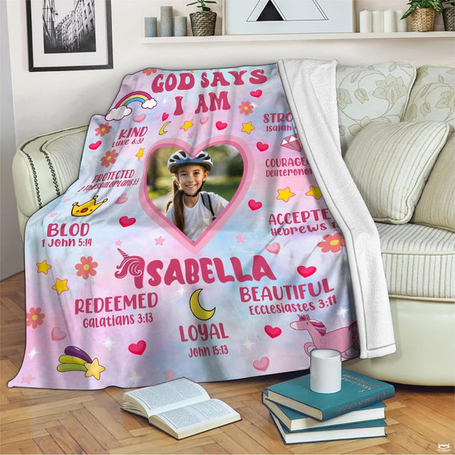 Faith affirmations and unicorn illustration blanket flat unfolded view