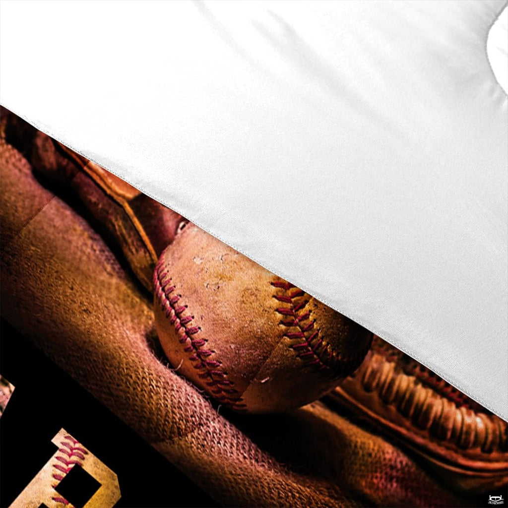Folded presentation of baseball helmet bedding displaying sharp graphic clarity in dusty rose and black tones