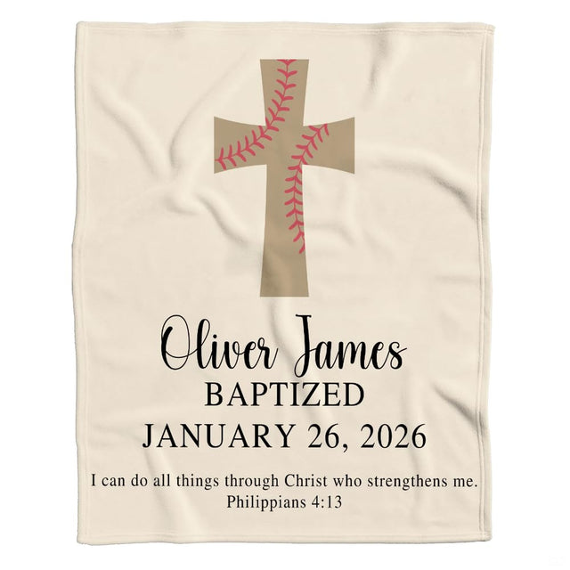 Flat product mockup displaying tan cross with red baseball lacing and milestone calligraphy on cream.