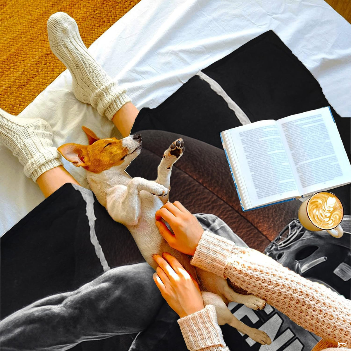 Overhead perspective of football graphic textile draped across bed