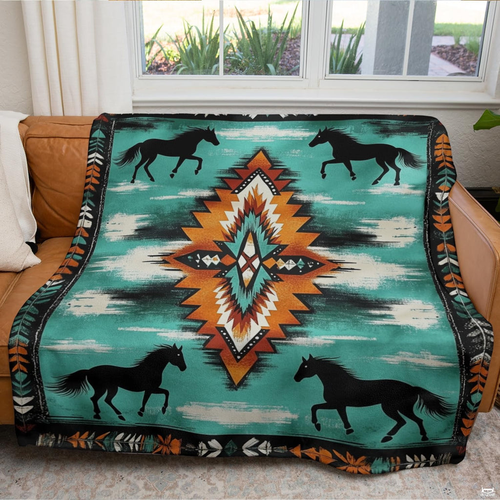 Detail of running black stallion artwork against distressed turquoise texture on Aztec horse bedding set.
