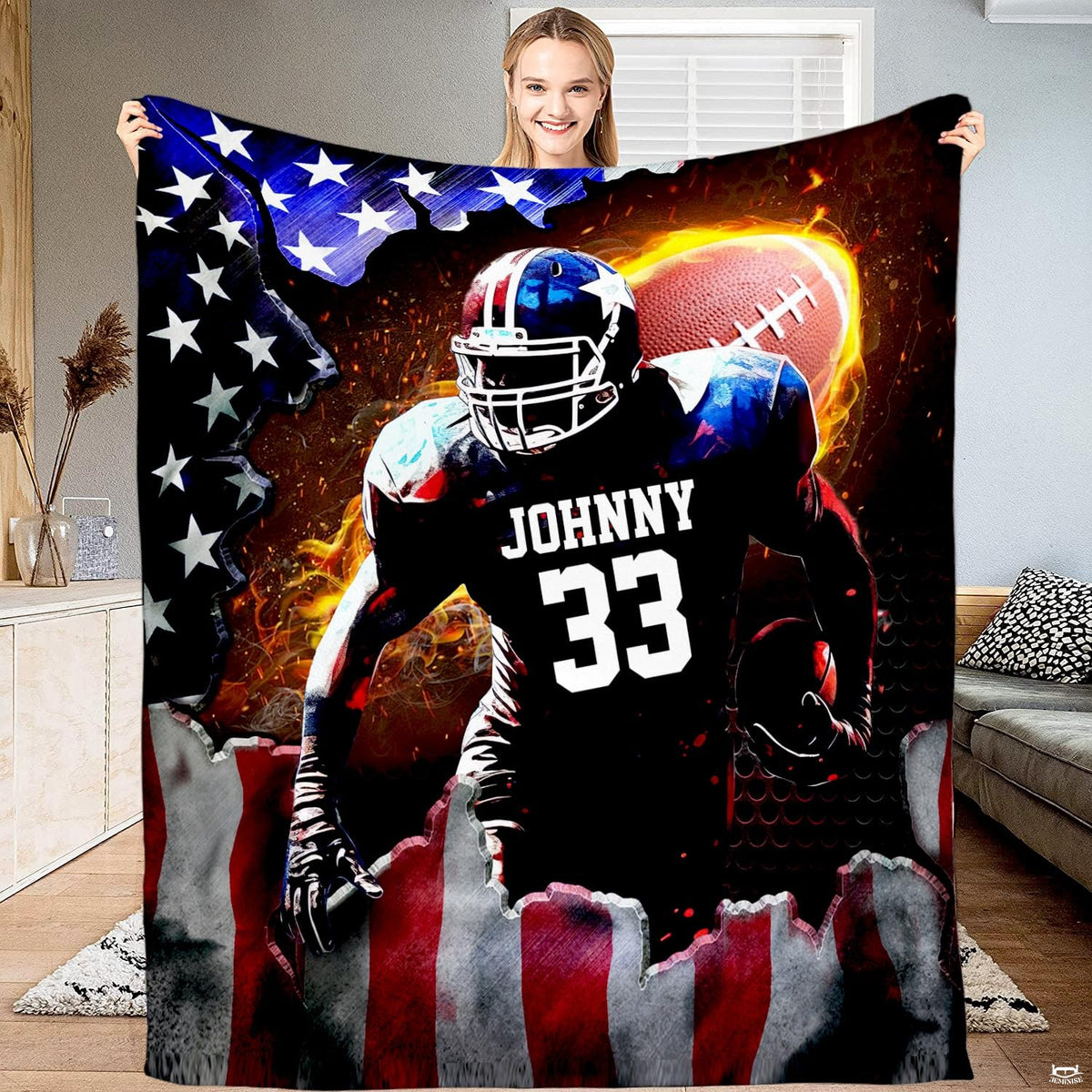 Patriotic football player ripped flag fire throw blanket displaying an athlete charging through a torn US flag
