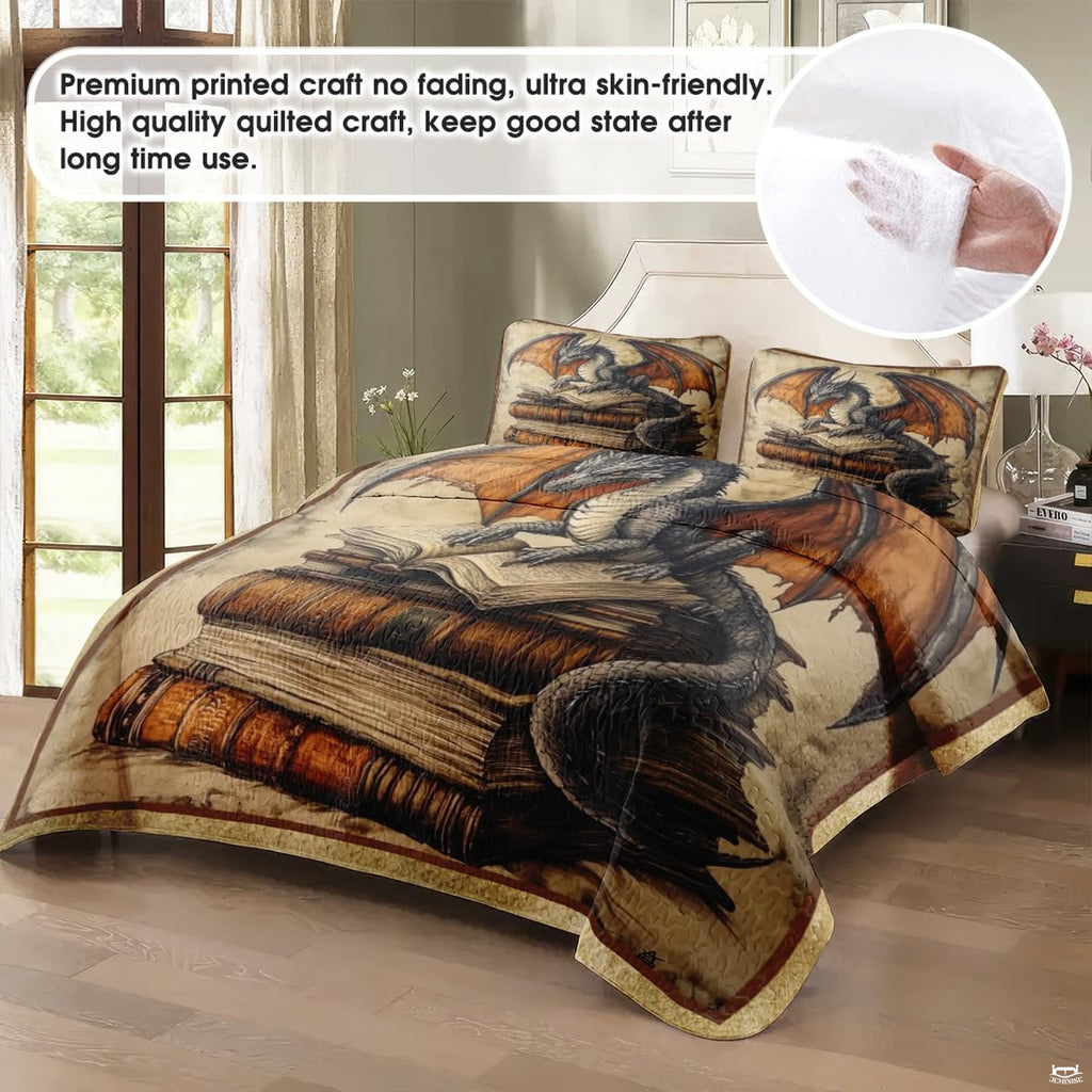 Gray dragon and antique book artwork displayed on a bed