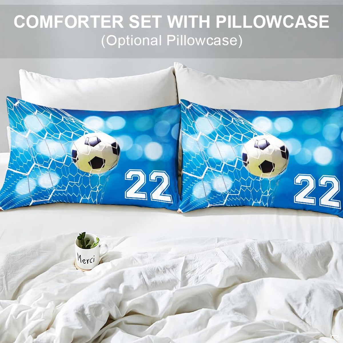 Matching pillow sham detail for blue soccer bedding set featuring bokeh light effects and athletic numerals